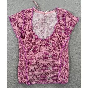 Free People Oh My Baby Ruffed Cropped Tee Women Large Lilac Combo Short Sleeve